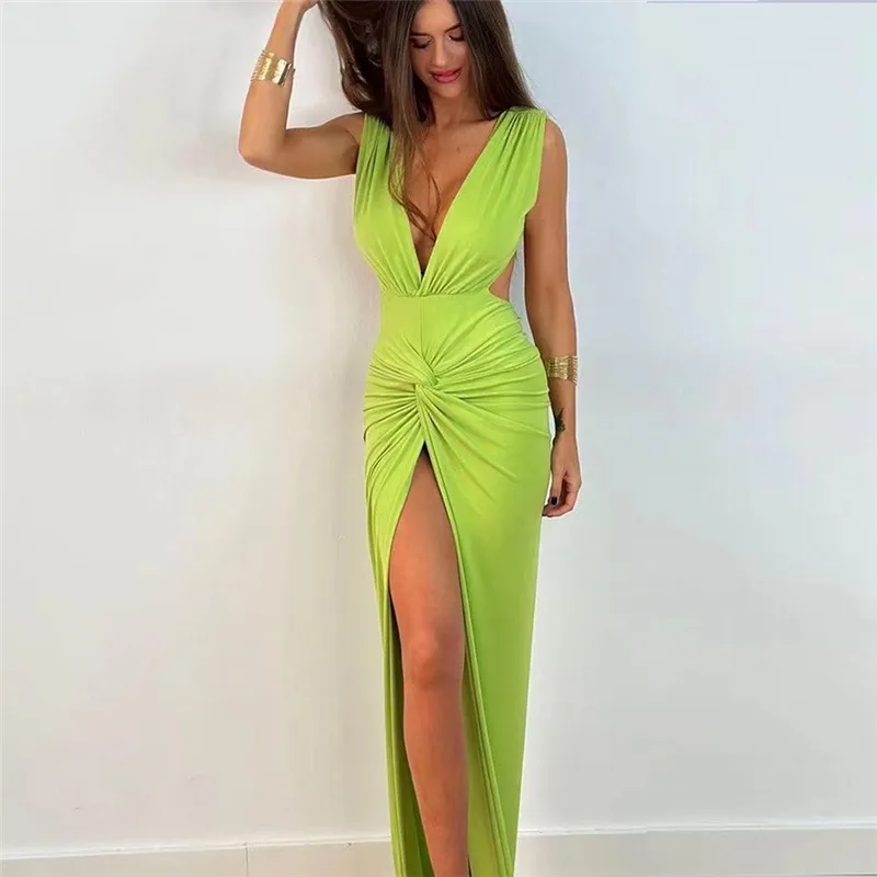 Elysia Plunge Neck Ruched Open Back Slit Maxi Dress maxi dress Castello Clothing Line