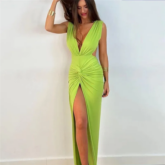 Elysia Plunge Neck Ruched Open Back Slit Maxi Dress maxi dress Castello Clothing Line