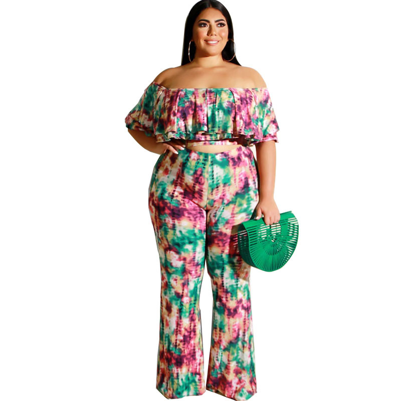 Plus Size Tie Dye Off Shoulder Top & Pants Set - Stylish and Comfortable Off The Shoulder Ruffle Crop Top with Flare Long Pants  Castello Clothing Line   
