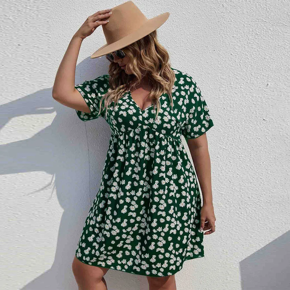 Dahlia V-Neck Floral Empire Waist Plus Size Mini Dress Castello Clothing Line