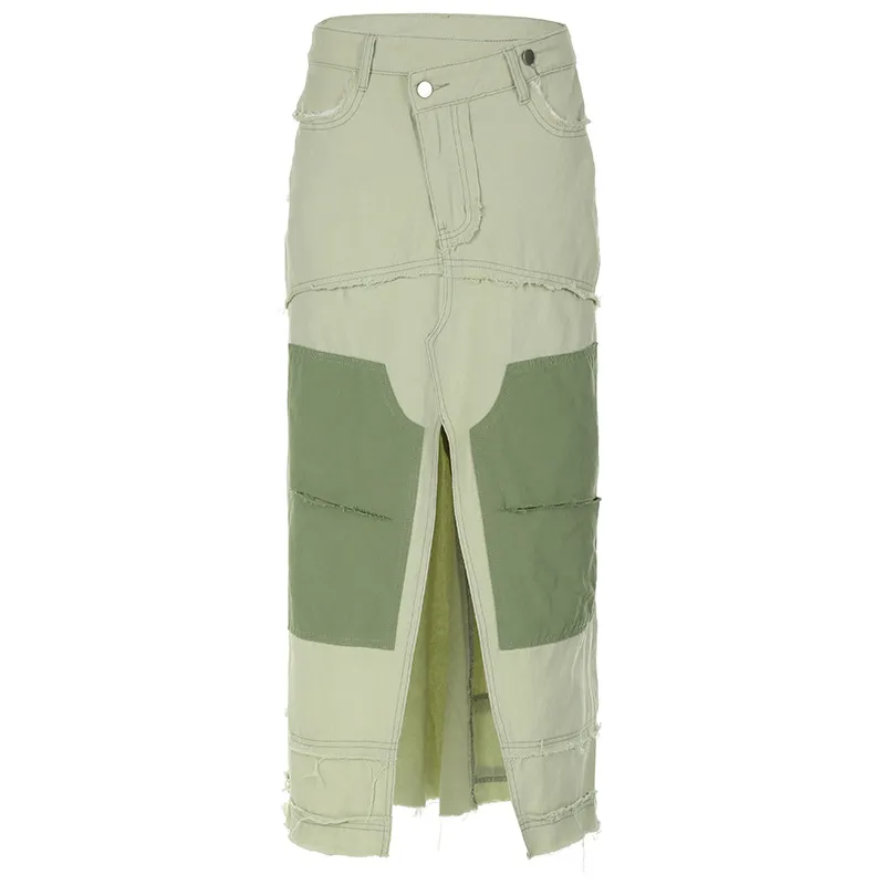 Utility Queen Slit Pocket Denim Maxi Skirt  Castello Clothing Line   