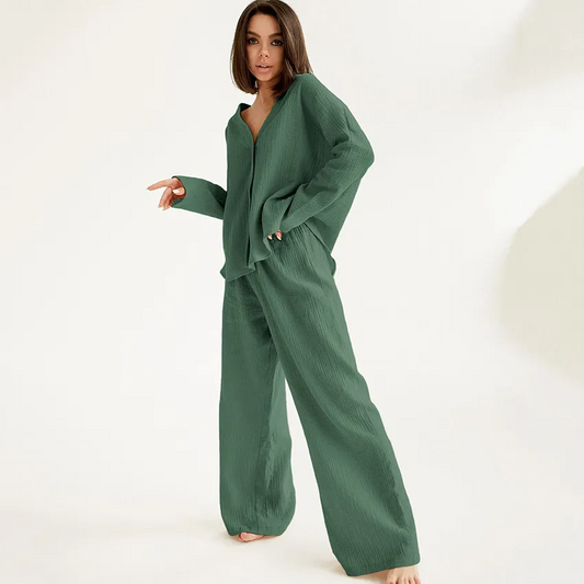 Soft Rhythm Oversized Button-Up Top & Wide Leg Pants Set  Castello Clothing Line   