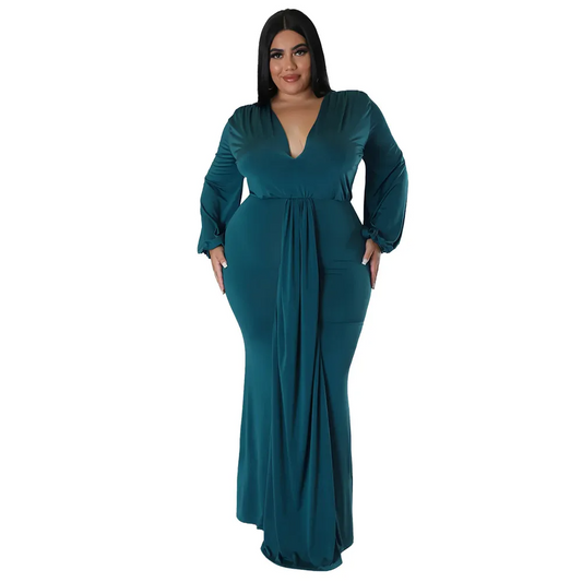 Vida Plus Size Plunge V-Neck Long Sleeves Maxi Dress maxi dress Castello Clothing Line
