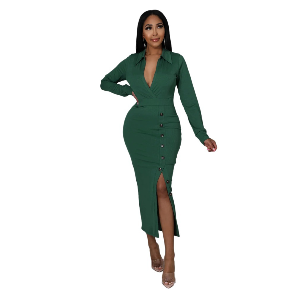 Long Sleeve V-Neck Bodycon Dress with Button Detailing and Front Slit, High Waist - Polyester/Fiber Blend  Castello Clothing Line   