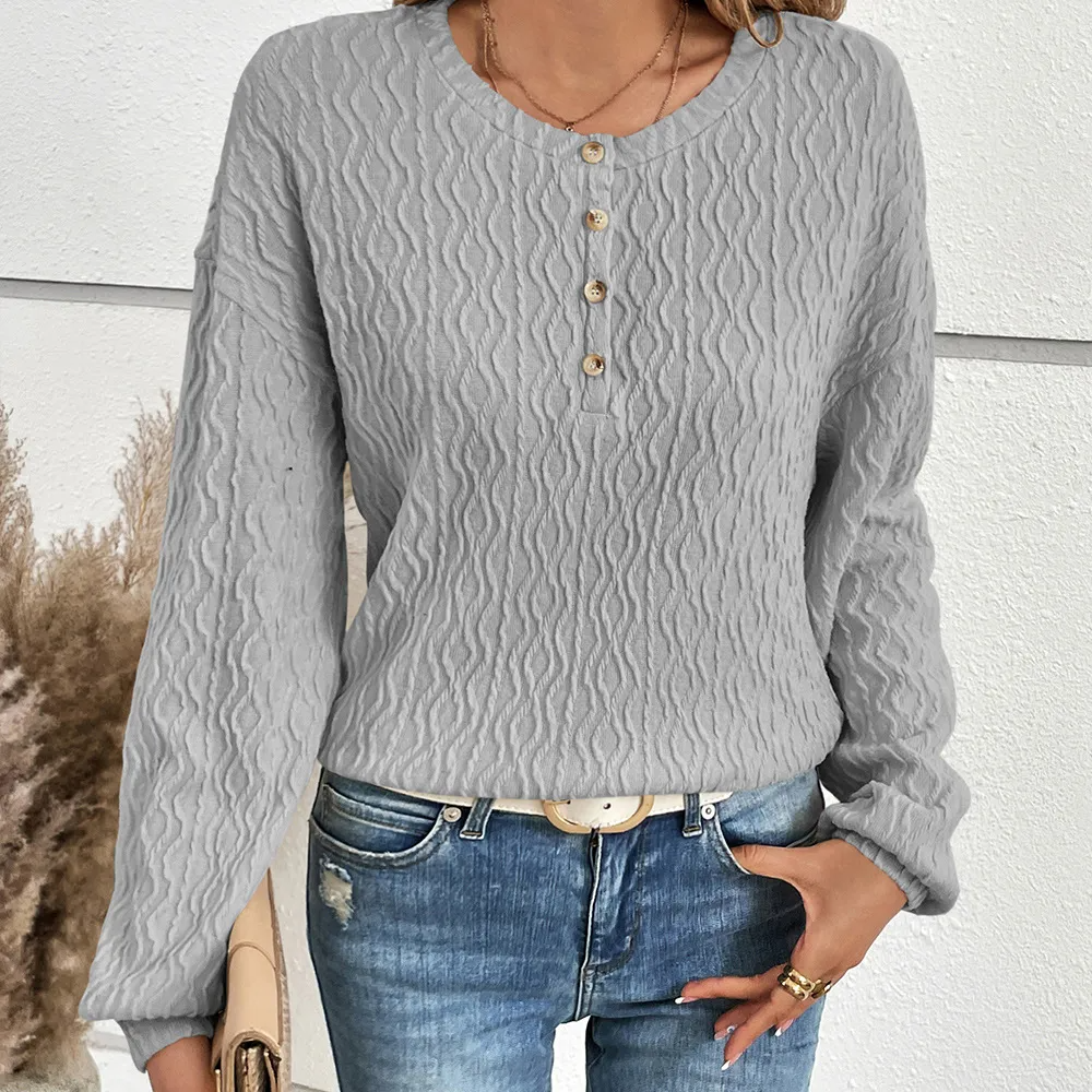Signature Wave Textured Long Sleeve Henley Top Castello Clothing Line