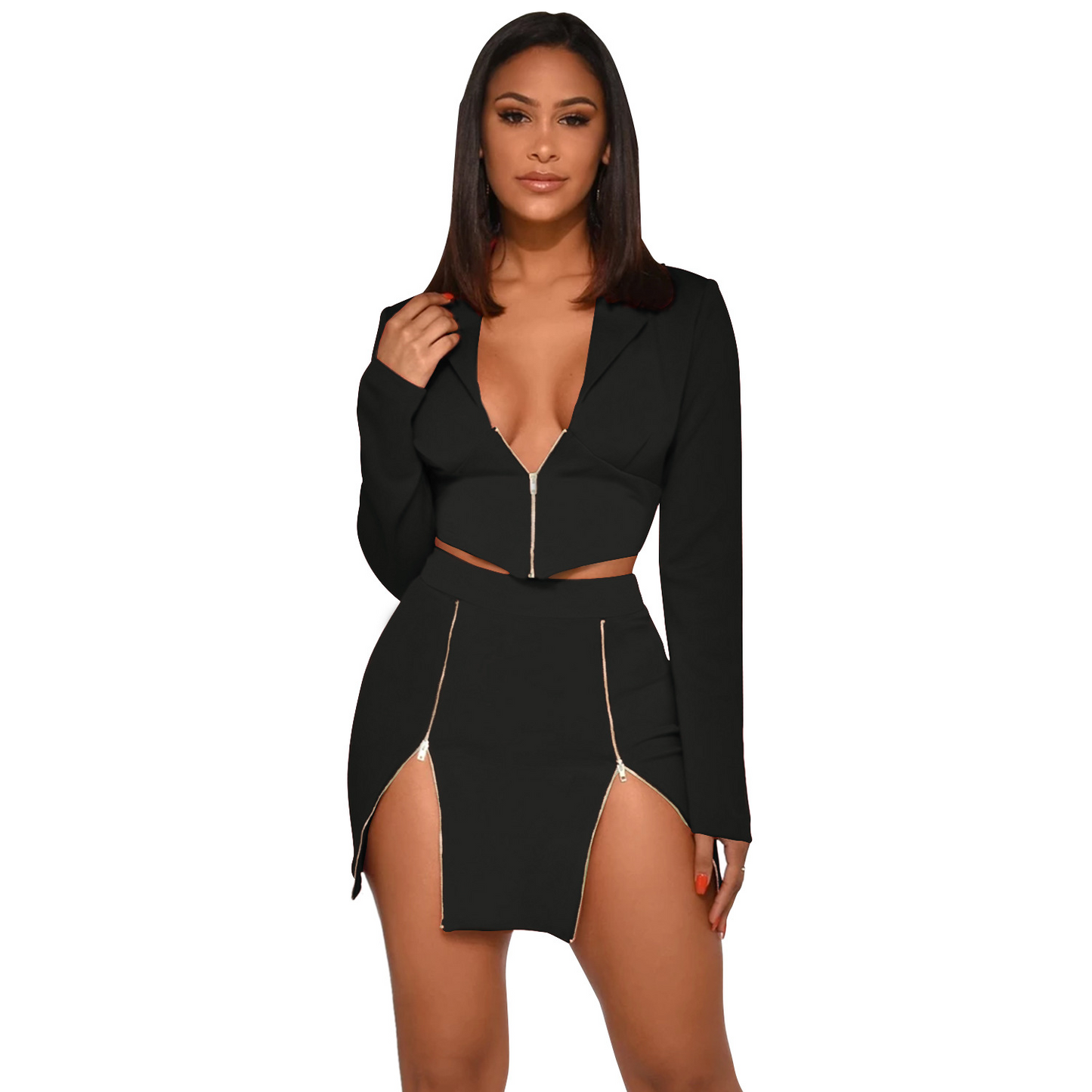 V-Neck Crop Jacket and Zippered Mini Skirt Set  Castello Clothing Line   