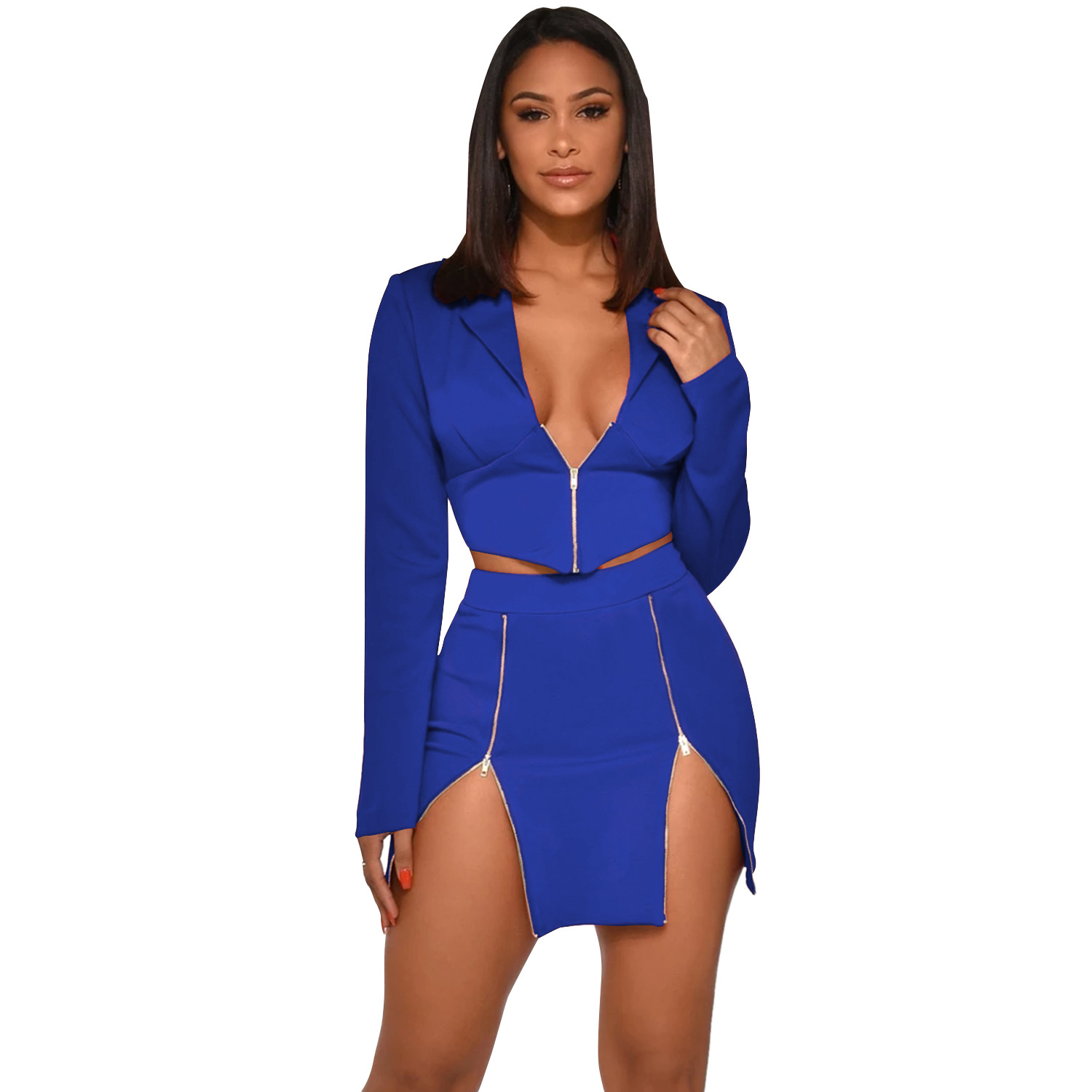 V-Neck Crop Jacket and Zippered Mini Skirt Set  Castello Clothing Line   