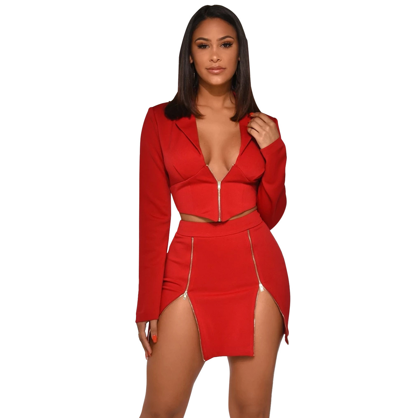 V-Neck Crop Jacket and Zippered Mini Skirt Set  Castello Clothing Line   
