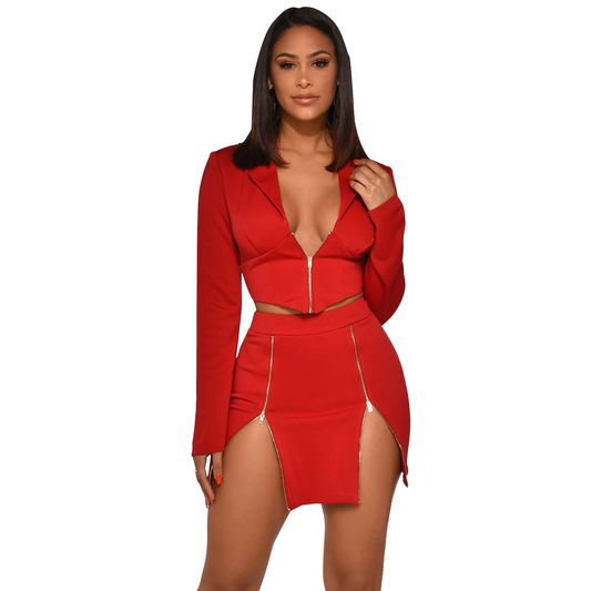V-Neck Crop Jacket and Zippered Mini Skirt Set  Castello Clothing Line   