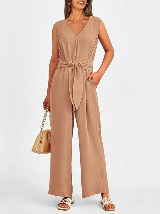 Genesis Sleeveless V-Neck Belted Wide-Leg Jumpsuit women jumpsuits Castello Clothing Line