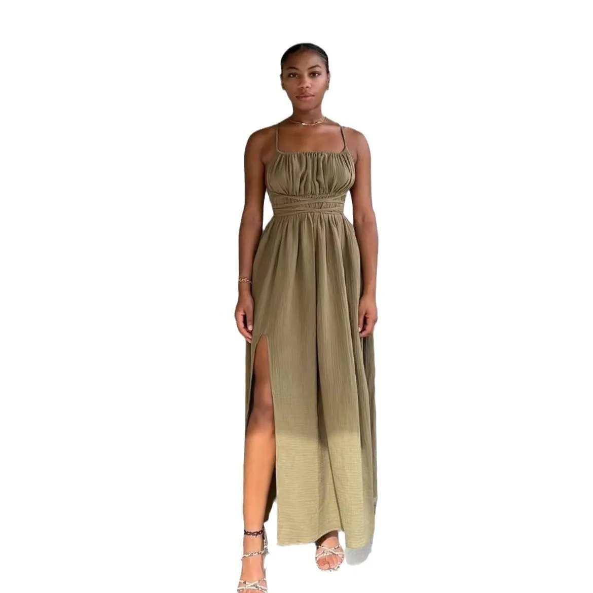 Sage Smocked Ruched Crisscross Back Slit Maxi Dress Castello Clothing Line
