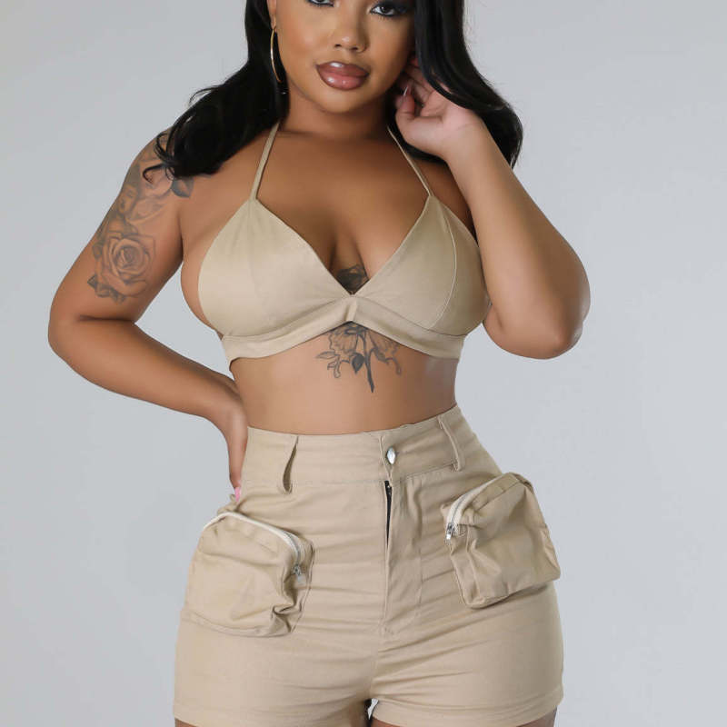 Vibe Halter Bralette Top & High-Waist Utility Shorts Set  Castello Clothing Line   
