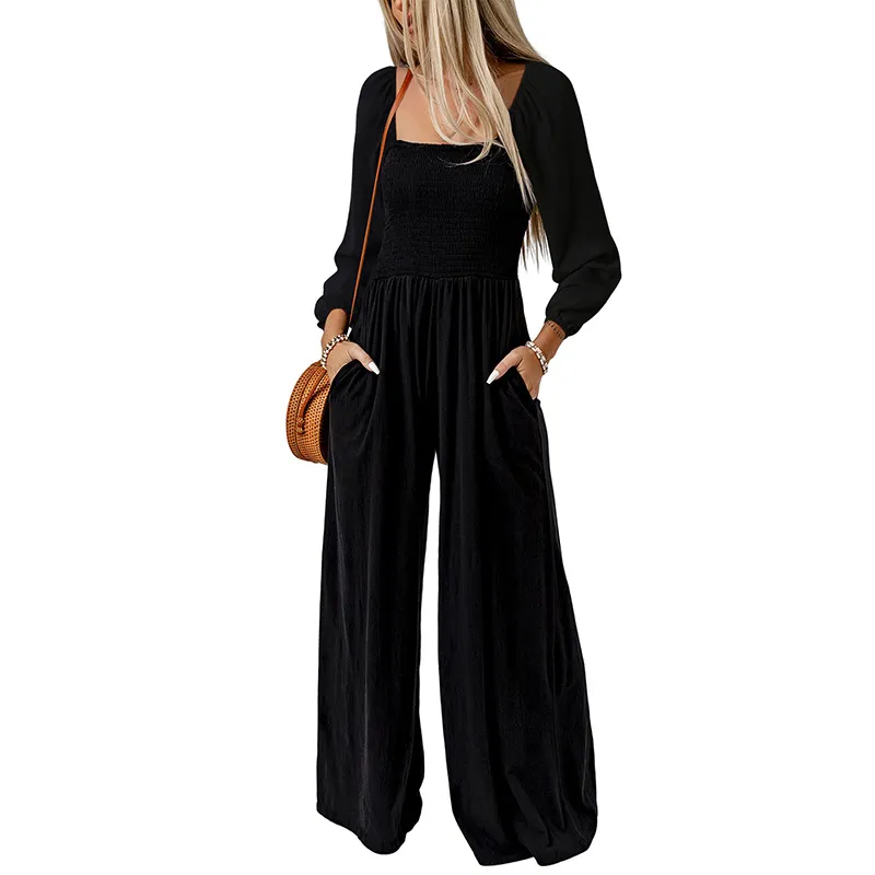 Kairo Long Sleeve Smocked Wide Leg Jumpsuit women jumpsuits Castello Clothing Line