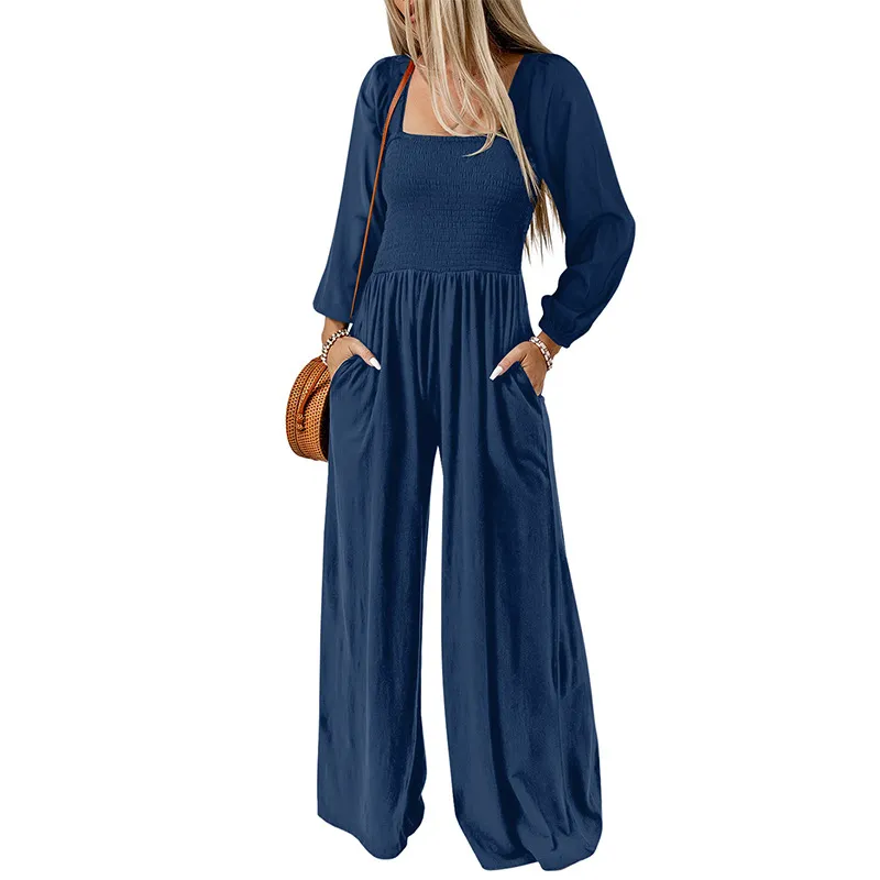 Kairo Long Sleeve Smocked Wide Leg Jumpsuit women jumpsuits Castello Clothing Line