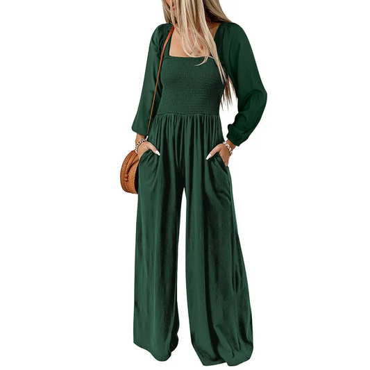 Kairo Long Sleeve Smocked Wide Leg Jumpsuit women jumpsuits Castello Clothing Line