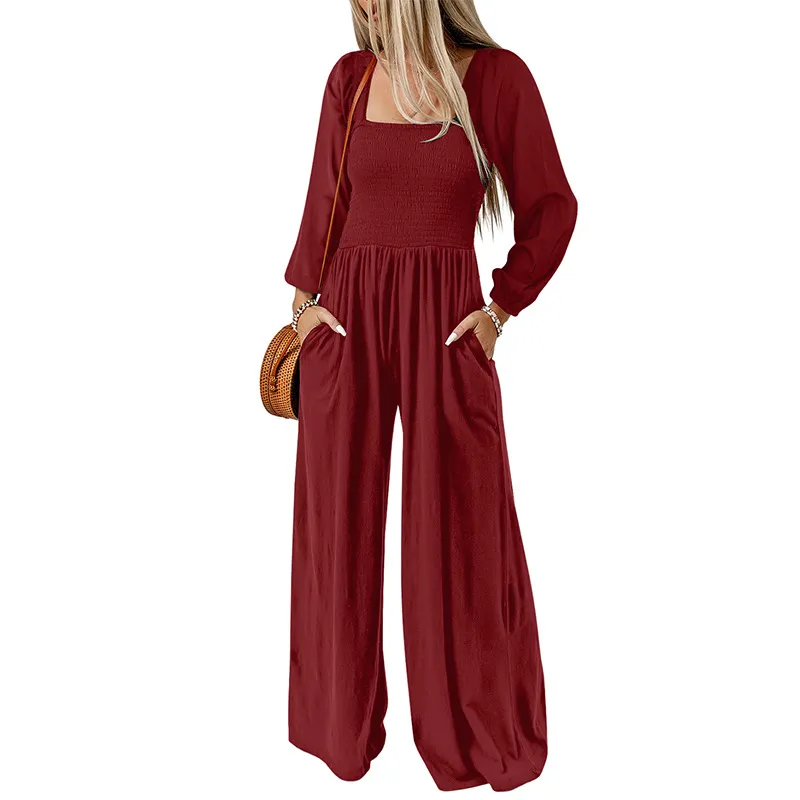 Kairo Long Sleeve Smocked Wide Leg Jumpsuit women jumpsuits Castello Clothing Line