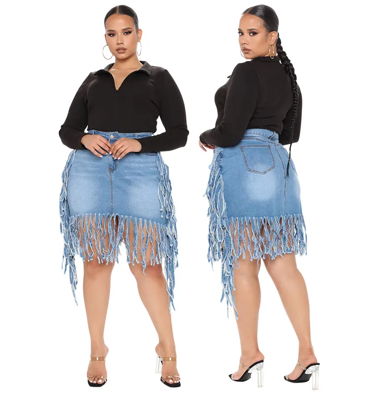 Fringe Frenzy Plus Size Denim Skirt  Castello Clothing Line   