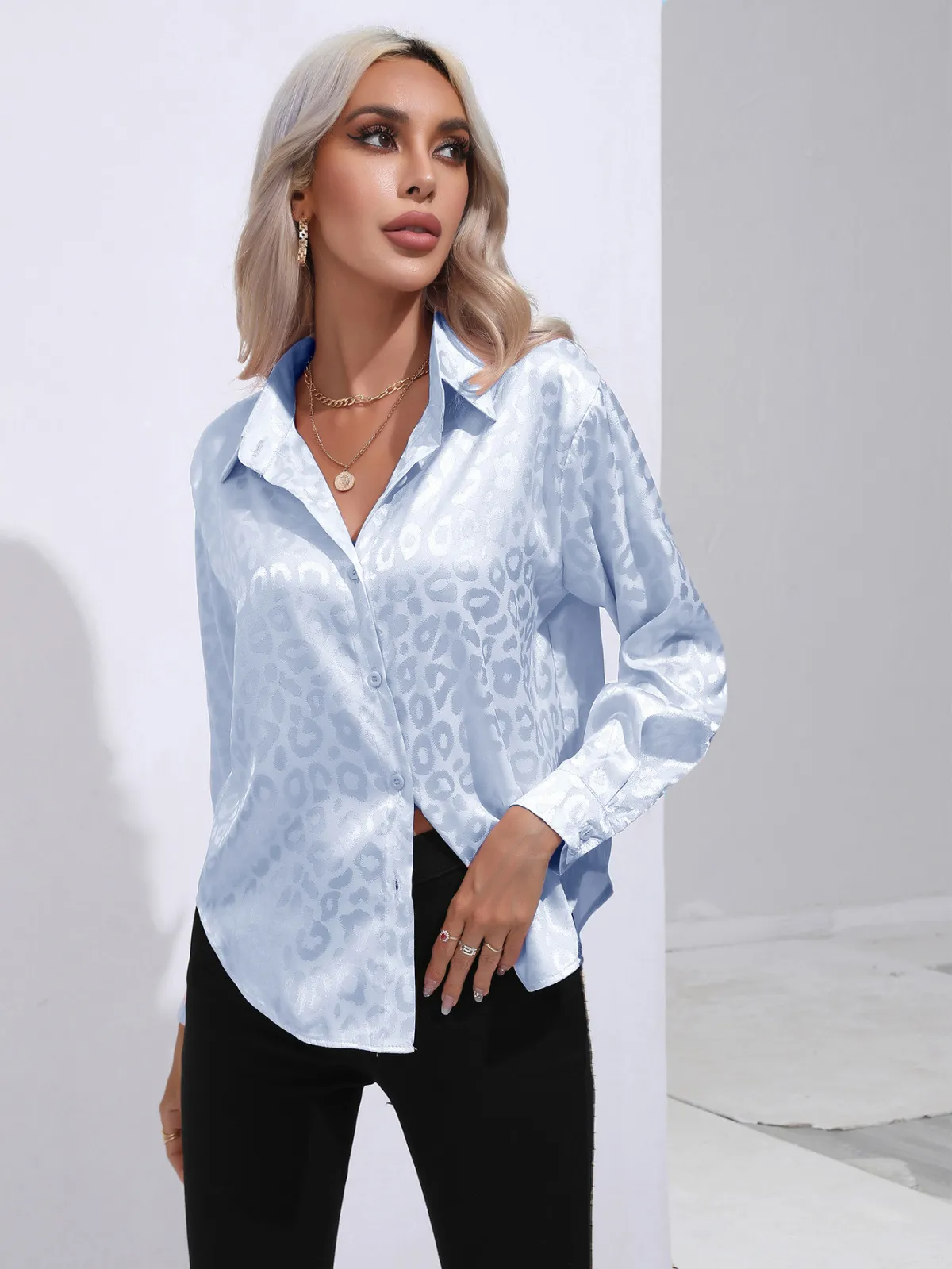 Savvy Spots Satin Button-Up Blouse  Castello Clothing Line   