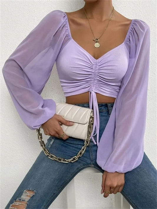 Finesse Ruched Drawstring V-Neck Long Sleeve Crop Top Castello Clothing Line