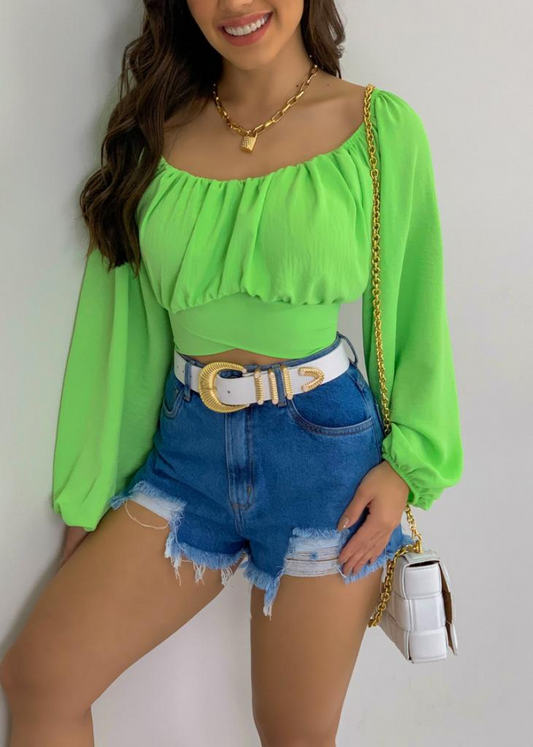 Sassy Nights Off-Shoulder Ruched Long Sleeve Crop Top Castello Clothing Line