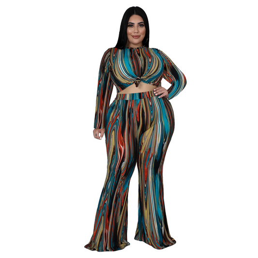 Plus Size Abstract Long Sleeve Top & Pants Set - Flare Pants, Crew Neck - Polyester/Milk Fiber/Spandex Blend  Castello Clothing Line   