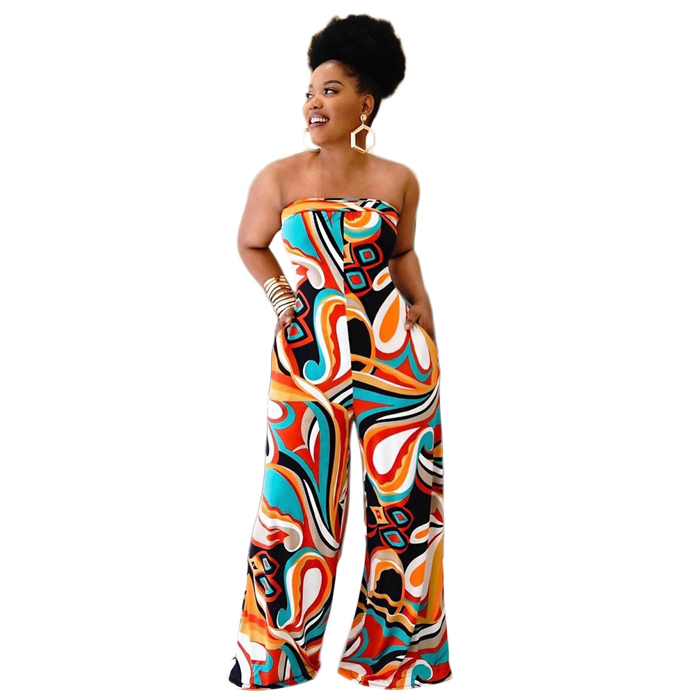 Leah Strapless Abstract Print Wide Leg Jumpsuit women jumpsuits Castello Clothing Line