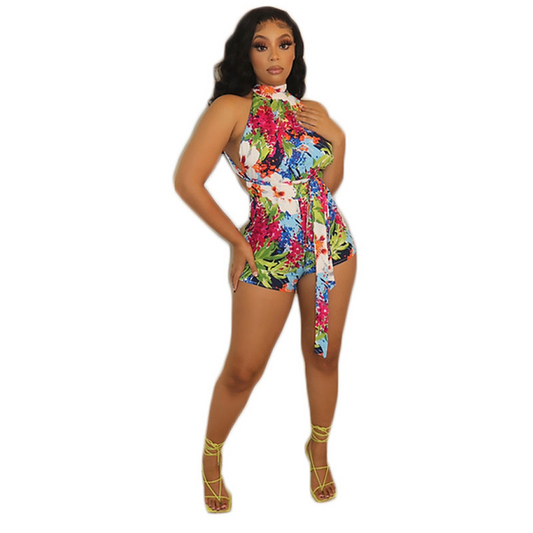 Vivid Halter Floral Backless Romper  Castello Clothing Line   