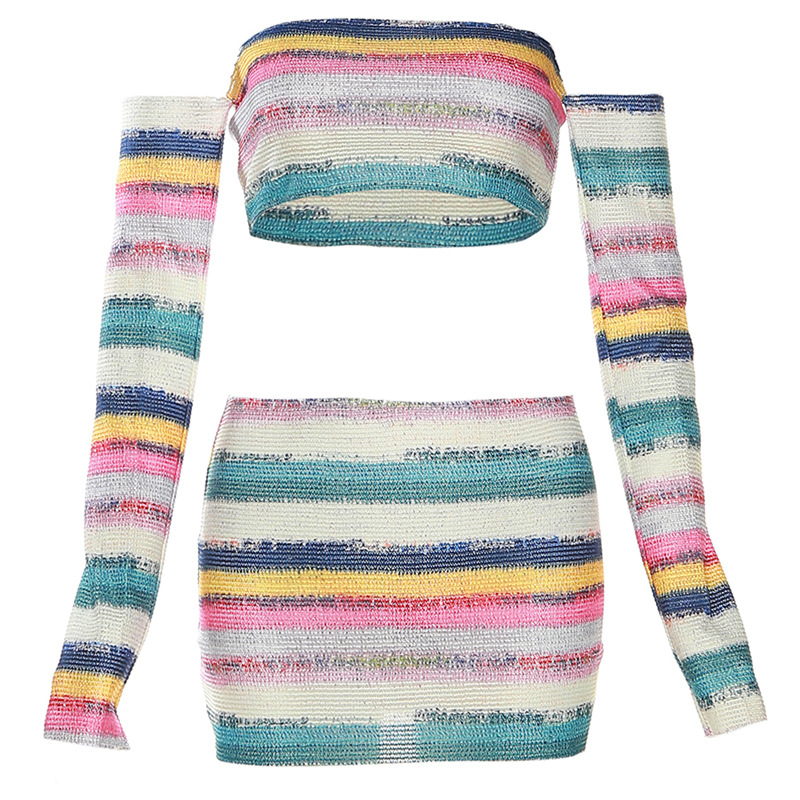 Knitted Off Shoulder Crop Top & Mini Skirt Set - Color Blocking, Long Sleeves - Polyester/Spandex  Castello Clothing Line   