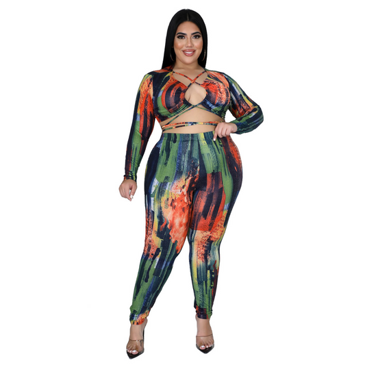 Plus Size Cut Out Long Sleeve Crop Top & Pencil Pants Set  Castello Clothing Line   