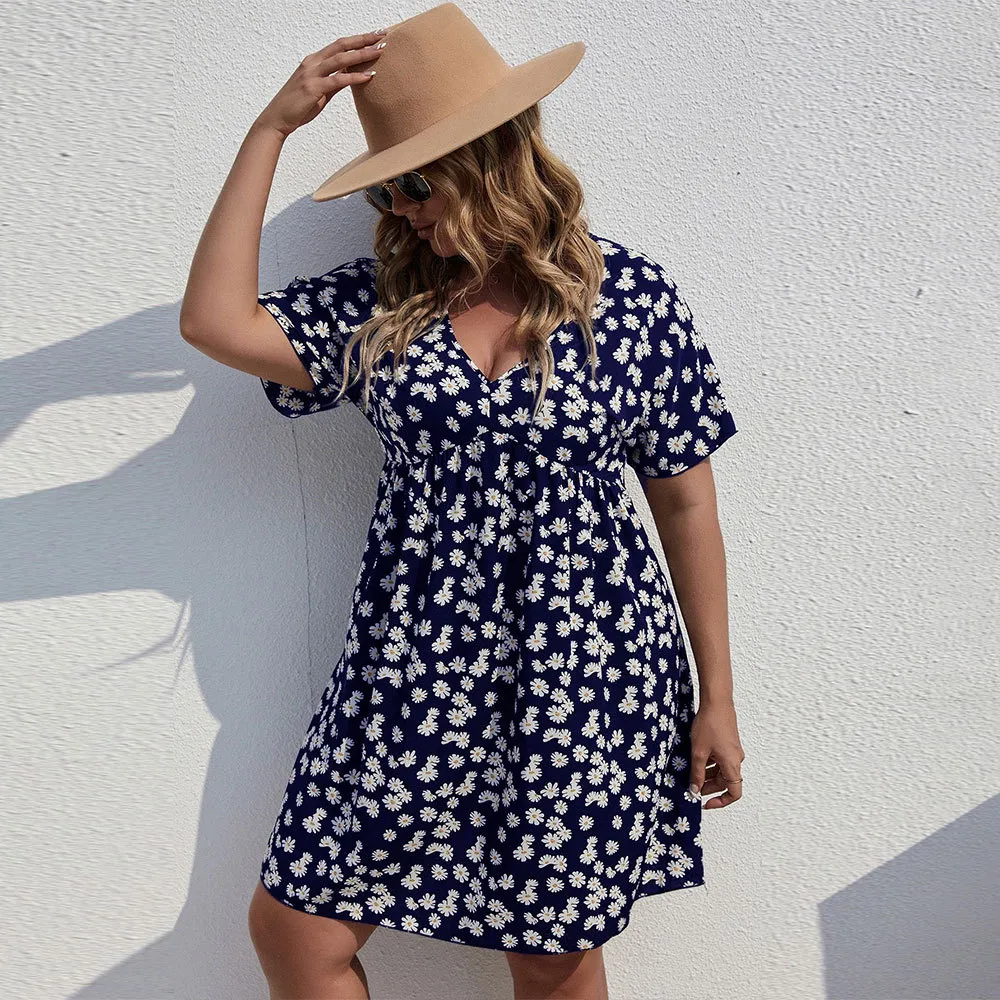 Dahlia V-Neck Floral Empire Waist Plus Size Mini Dress Castello Clothing Line