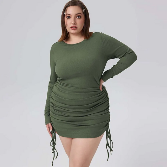 Quinn Ruched Drawstring Long Sleeve Ribbed Mini Dress Castello Clothing Line