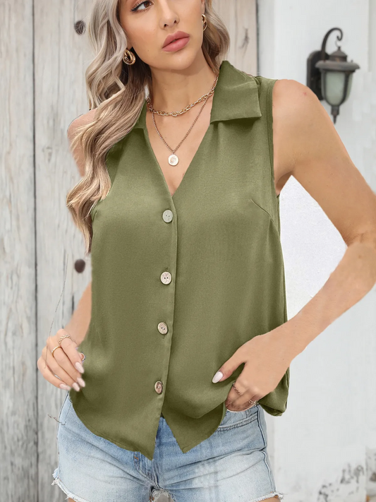 Easy Appeal Sleeveless Button-Up Collared Top Castello Clothing Line