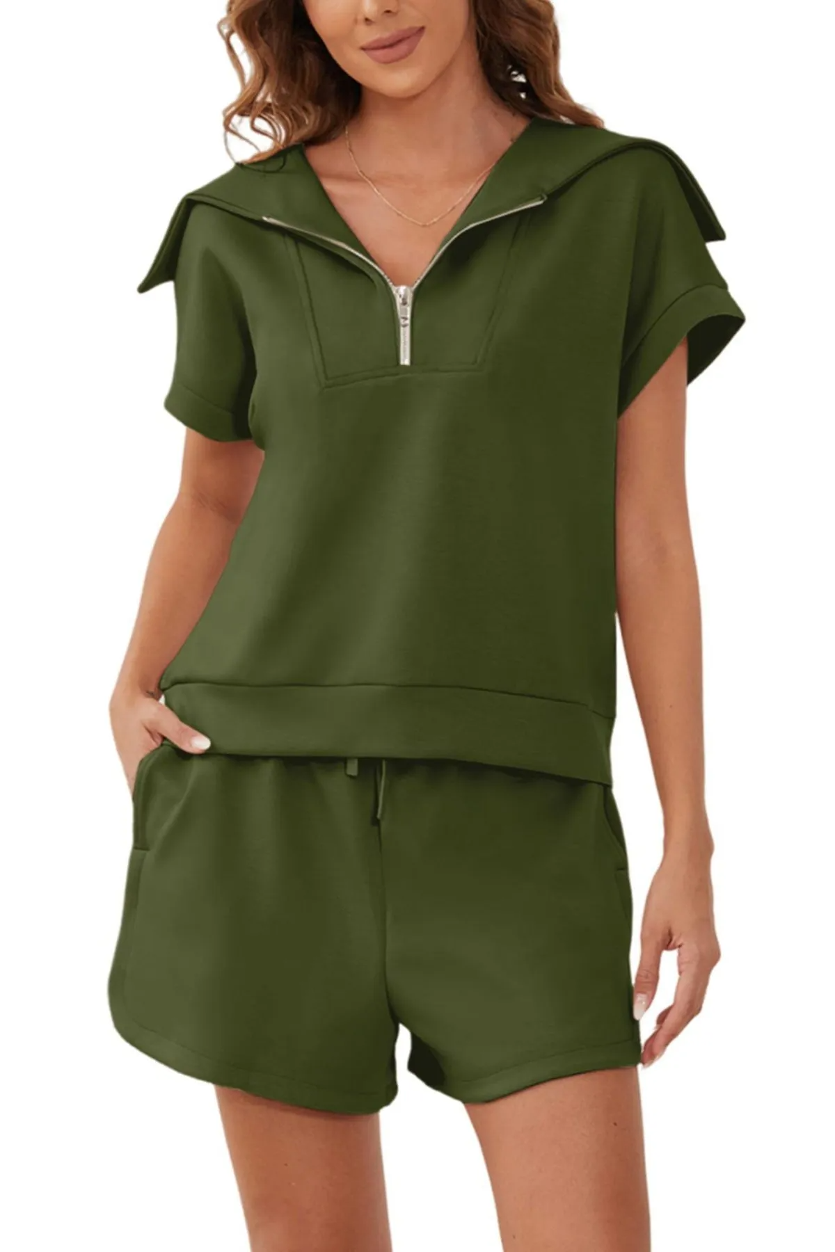 Spree Zip-Up Collared Top & Drawstring Shorts Set  Castello Clothing Line   