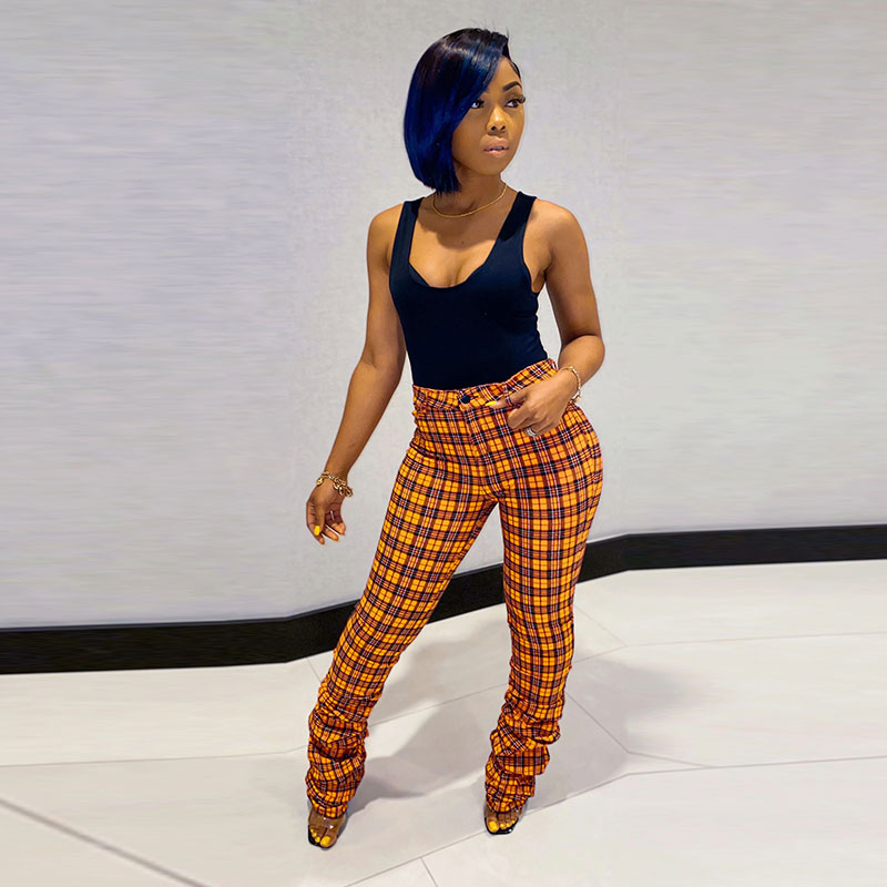 Vienna High-Waist Ruched Plaid Flare Pants Castello Clothing Line