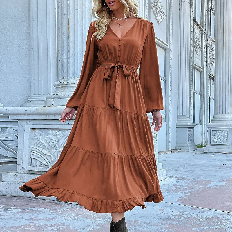 Eliza Button-Down Belted Long Sleeve Tiered Midi Dress midi dress Castello Clothing Line
