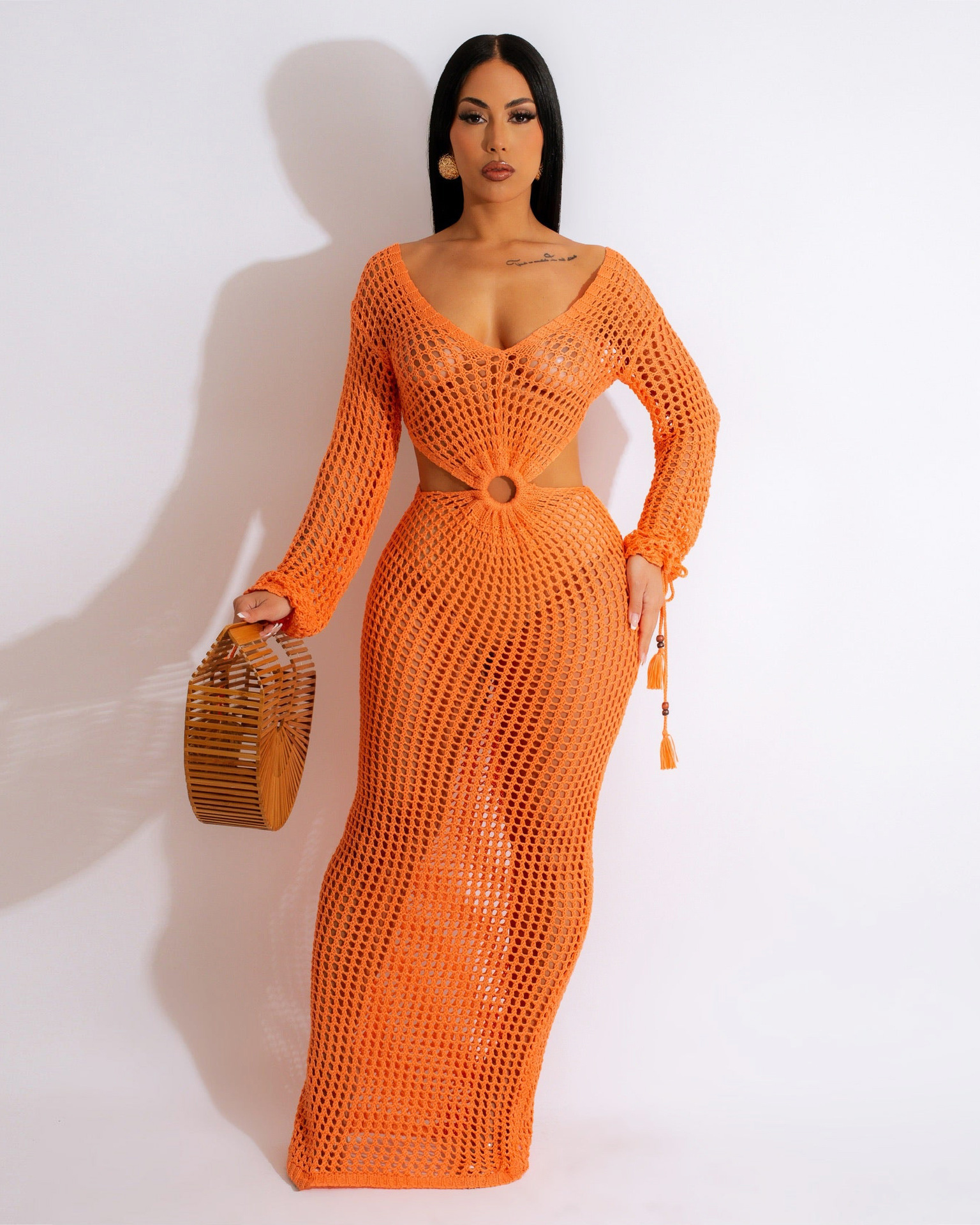 Zarelle Crochet Cut-Out Tassel Sleeve Maxi Dress maxi dress Castello Clothing Line