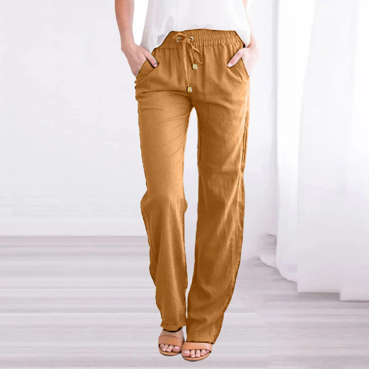 Elise High-Waisted Drawstring Relaxed Linen Pants Castello Clothing Line