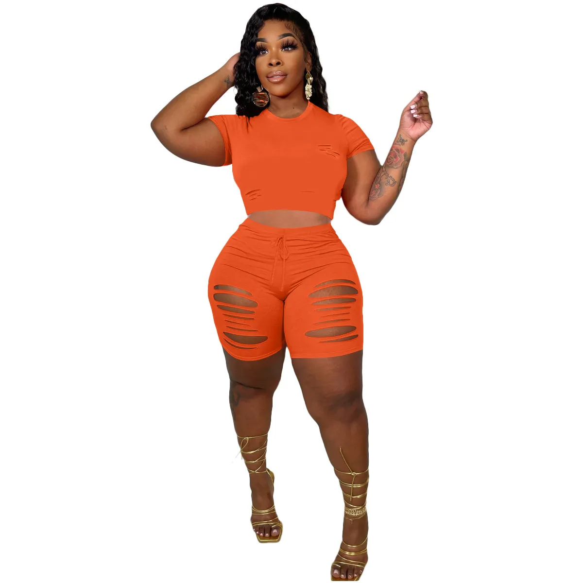 Savvy Cutout Short Sleeve Top & Ripped Biker Shorts Set  Castello Clothing Line   