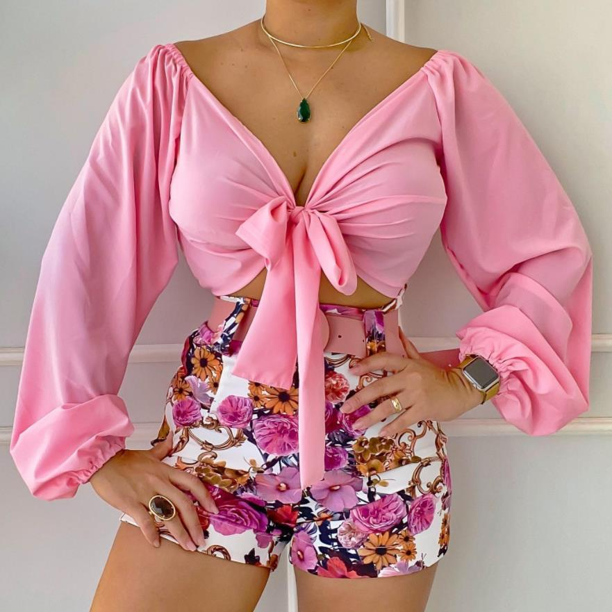 Lush Tie-Front Puff Sleeve Top & Floral High-Waist Shorts Set  Castello Clothing Line   