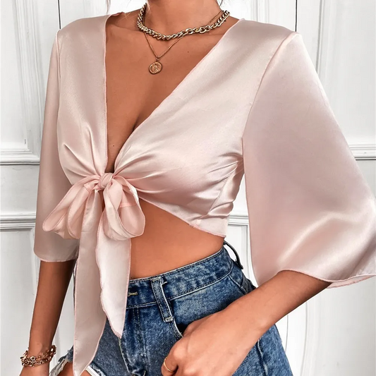 Vivid Temptation Satin Tie-Front Crop Top Castello Clothing Line