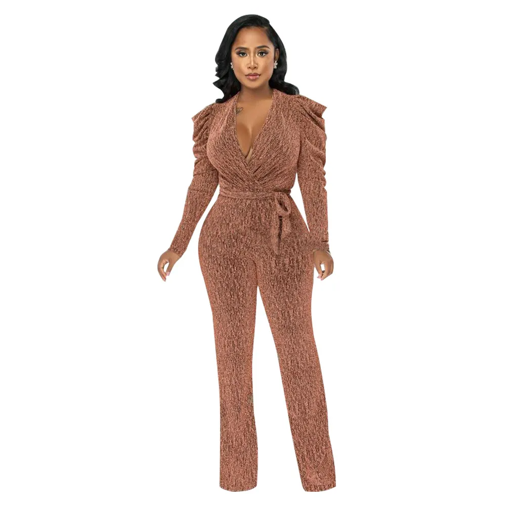 Lexi Ruched Long Sleeve Surplice Knit Jumpsuit women jumpsuits Castello Clothing Line