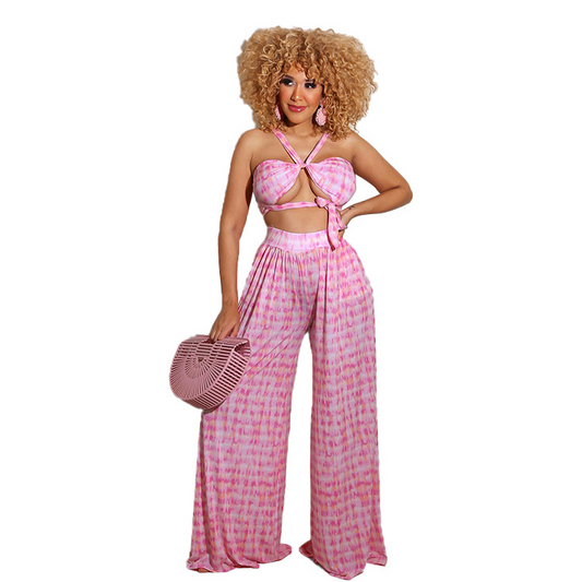 Bandeau Tie Crop Top & High-Waist Wide-Leg Pants Set  Castello Clothing Line   