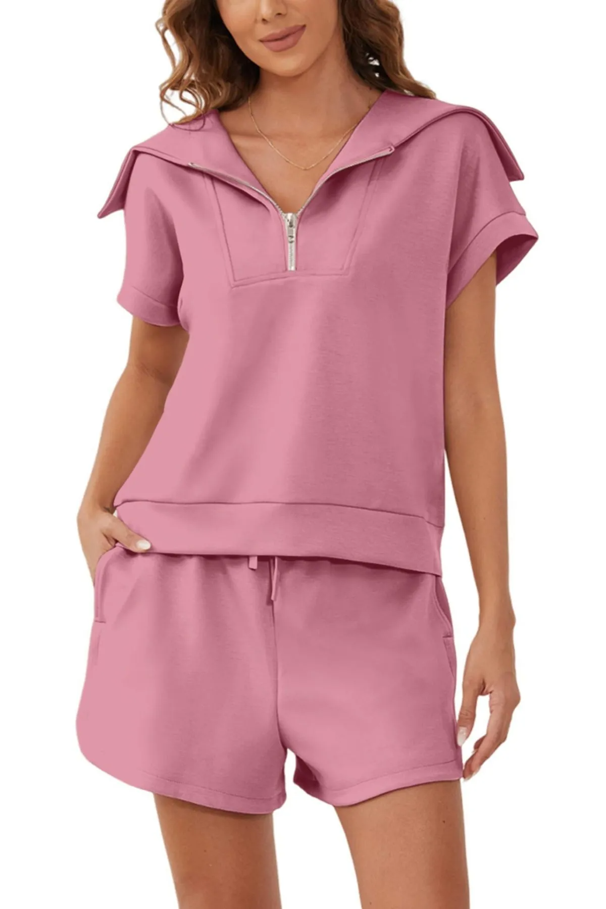Spree Zip-Up Collared Top & Drawstring Shorts Set  Castello Clothing Line   