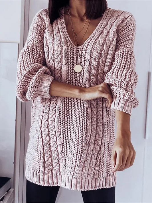 Knit Envy Cable Knit V-Neck Oversized Sweater Castello Clothing Line