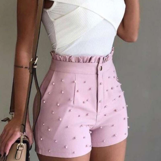 Charmette High-Waisted Ruffle Trim Pearl Embellished Shorts  Castello Clothing Line   