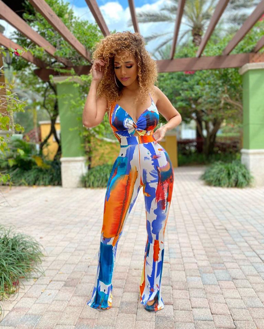 Inez Sleeveless Abstract Print Twist Front Flared Jumpsuit women jumpsuits Castello Clothing Line
