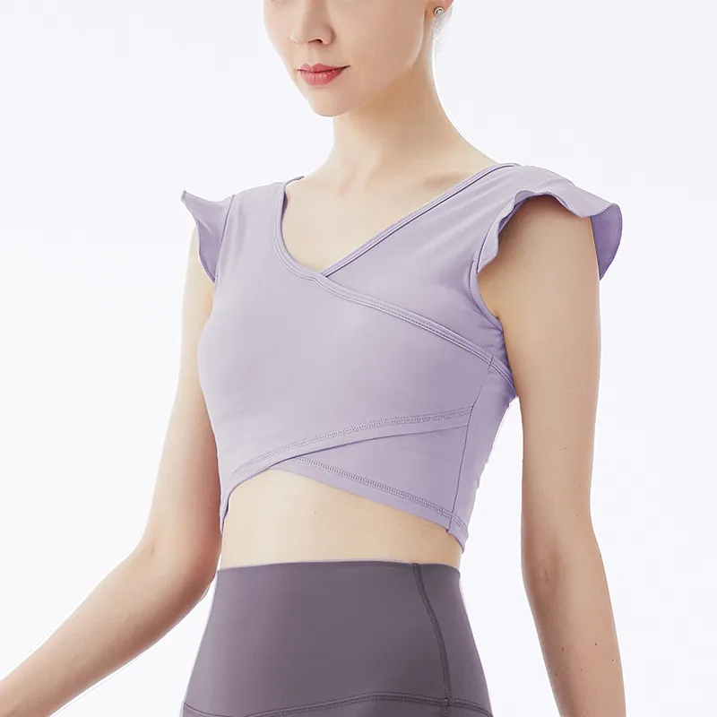 Holly Flutter Sleeve Cross Front Strappy Back Crop Top workout tops and t-shirts Castello Clothing Line