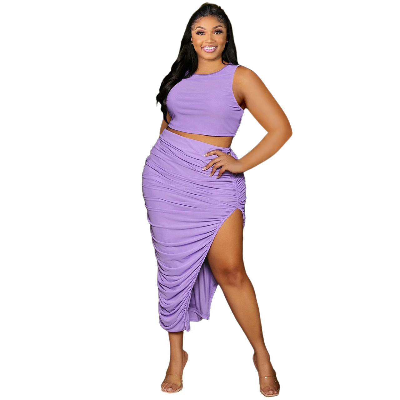 Plus Size High Slit Skirt Set with Ruched Detailing  Castello Clothing Line   
