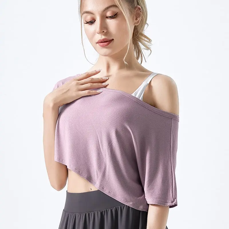 Gail Ribbed Asymmetrical Off Shoulder Short Sleeve Crop Top workout tops and t-shirts Castello Clothing Line