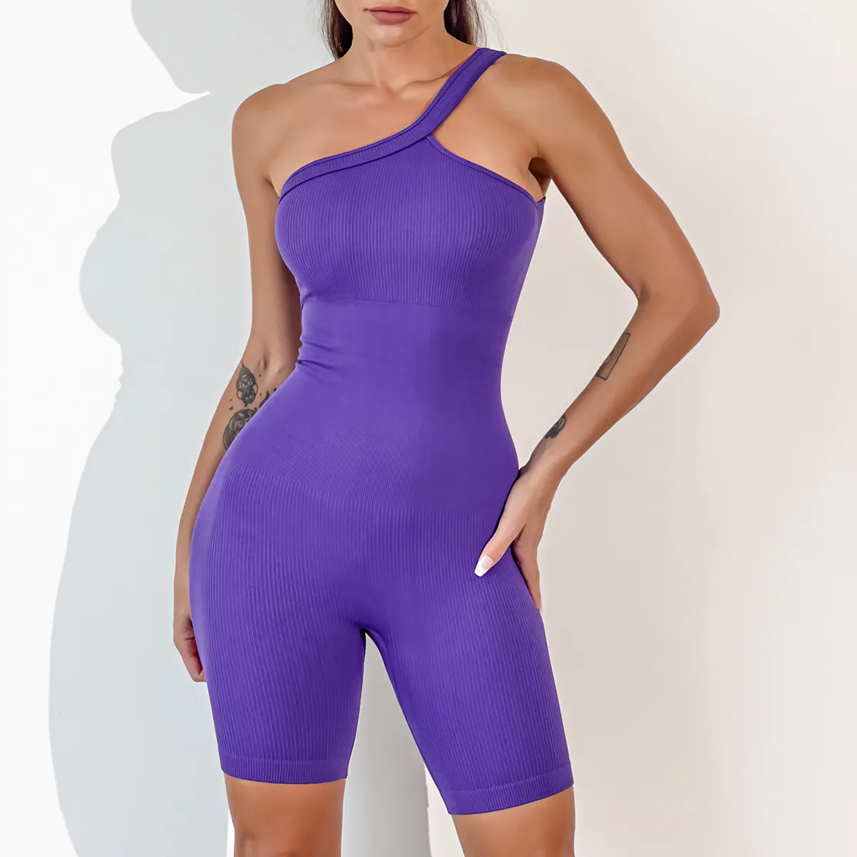 Tanis One-Shoulder Ribbed Knit Romper athletic rompers Castello Clothing Line